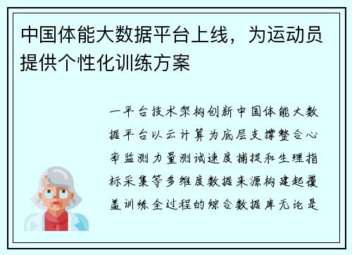 中国体能大数据平台上线，为运动员提供个性化训练方案